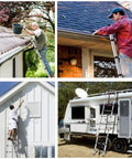 Various uses of 10.5 Foot Telescoping Ladder With Stainless Steel Build, One Button Retraction, shown in home and outdoor projects.
