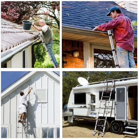 Various uses of 10.5 Foot Telescoping Ladder With Stainless Steel Build, One Button Retraction, shown in home and outdoor projects.
