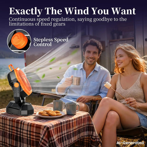 Camping Fan With Light Remote And Oscillation Battery Powered Hangin Tent Fan on outdoor table with two people in background.