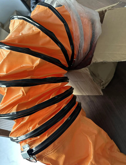 Orange adjustable duct for Zero Hassle Portable Fume Extractor And Hardcore Dust Extraction Fan, ideal for workshop ventilation.