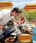 Family enjoying barbecue with six pack hot dog balloons set for food theme parties, summer BBQs and picnic decor in background.
