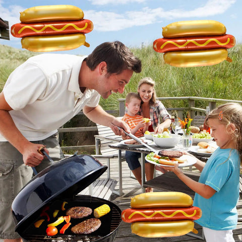 Family enjoying barbecue with six pack hot dog balloons set for food theme parties, summer BBQs and picnic decor in background.