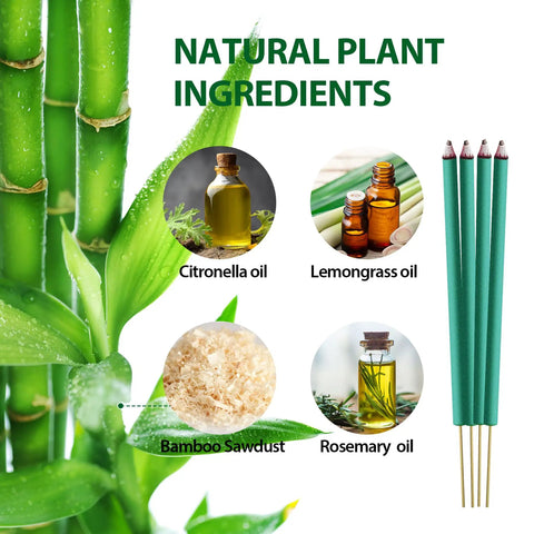 Ingredients of Citronella Mosquito Incense Sticks Pack For Outdoor Use With Plant Based Oils DEET Free shown with plant oils and bamboo