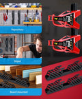 Off Floor Jack Stands Wall Mount Organizer Brackets Fits 2 And 3 Ton Heavy Duty Holder Hook Storage Rack Wall Mount Two Pack For Four Stands Car Trailer Tools shown in garage, installed with tools visible