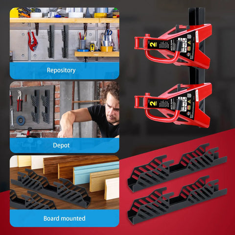 Off Floor Jack Stands Wall Mount Organizer Brackets Fits 2 And 3 Ton Heavy Duty Holder Hook Storage Rack Wall Mount Two Pack For Four Stands Car Trailer Tools shown in garage, installed with tools visible