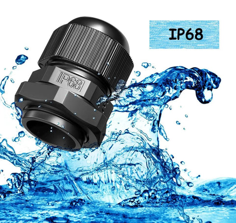IP68 rated connector from 10 Pack Cord Grip Cable Glands Kit For Electrical Boxes NPT Waterproof Nylon Strain Relief Junction Box Connectors With Gaskets Black Built Tough 8.5-14mm Cables Included submerged in water demonstrating waterproof feature