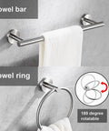 Heavy Duty Brushed Nickel Bathroom Hardware Set Includes 16 Inch And 23.6 Inch Round Towel Bars, Hand Towel Ring shown on wall