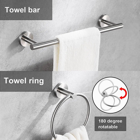 Heavy Duty Brushed Nickel Bathroom Hardware Set Includes 16 Inch And 23.6 Inch Round Towel Bars, Hand Towel Ring shown on wall
