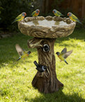 23 Inch Tall Pedestal Bird Bath With Woodland Tree Trunk Decor, Fiber Reinforced Concrete Outdoor Bird Bath with birds on top