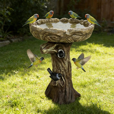 23 Inch Tall Pedestal Bird Bath With Woodland Tree Trunk Decor, Fiber Reinforced Concrete Outdoor Bird Bath with birds on top