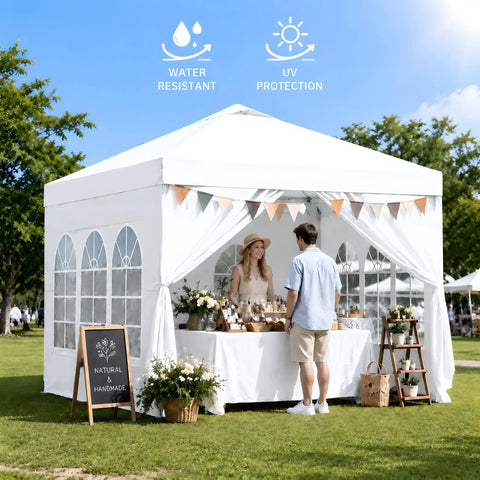 10x10 Pop Up Canopy With Sidewalls Quick Setup Portable Sun Shade Beach Tent Gazebo at outdoor event with decorations