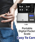 Person placing Pocket Digital Scale 200g Capacity, 0.01g Precision in denim pocket, showcasing compact size and portability.