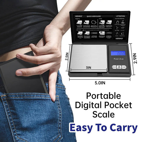 Person placing Pocket Digital Scale 200g Capacity, 0.01g Precision in denim pocket, showcasing compact size and portability.