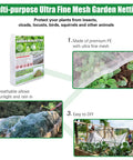 Ultra Fine Garden Netting 10x33ft Mosquito Bird Barrier For Fruits Veggies And Flowers shown in packages and installed over plants.