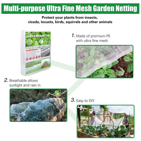 Ultra Fine Garden Netting 10x33ft Mosquito Bird Barrier For Fruits Veggies And Flowers shown in packages and installed over plants.