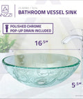 Vieno Series Vessel Sink With Pop Up Drain In Crystal Clear Floral Finish, Dope Durable Rhino Alloy High Tempered Deco Glass Vanity Sink For Modern Bathrooms, 16.5 x 5.5 inches