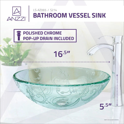 Vieno Series Vessel Sink With Pop Up Drain In Crystal Clear Floral Finish, Dope Durable Rhino Alloy High Tempered Deco Glass Vanity Sink For Modern Bathrooms, 16.5 x 5.5 inches