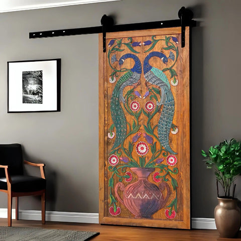 Handcrafted Wooden Sliding Barn Door With Peacock And Floral Design For Rustic Farmhouse Cabin Decor Hand Painted Distressed Wood Door