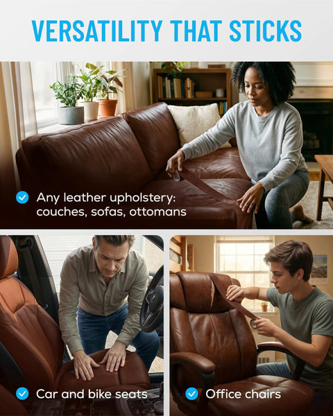 Brown Leather Repair Tape Kit 2.25 Inch By 15 Foot Realistic Faux Leather Patches for couch, car seat, and office chair repair