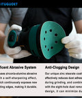 Ditch cheap discs and grab these 50 pc 5-inch sanding discs with 8 holes for power tools held in gloved hands.