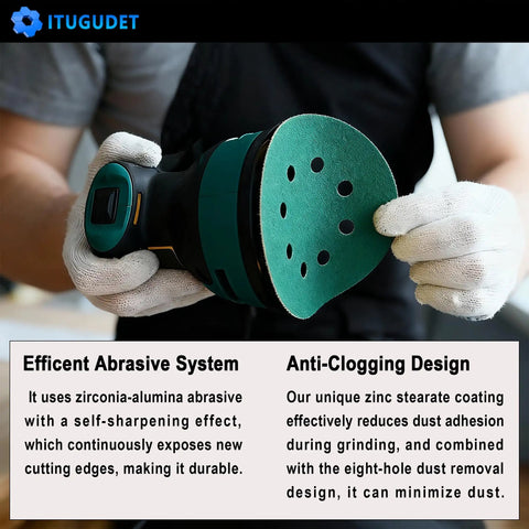 Ditch cheap discs and grab these 50 pc 5-inch sanding discs with 8 holes for power tools held in gloved hands.