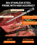 Wireless Meat Thermometer With Smart Timer And App Control For Grill, BBQ, Oven And Smoker, Ultra Thin 0.19 Inch Probe shown with cooked meat