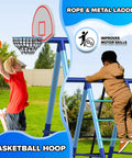 Child playing with 7-In-1 Metal Swing Set With 3 Swings, Climbing Net And Ladder, Basketball Hoop, 5-Ft Blow Molded Slide, 700 Lb Capacity