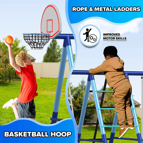 Child playing with 7-In-1 Metal Swing Set With 3 Swings, Climbing Net And Ladder, Basketball Hoop, 5-Ft Blow Molded Slide, 700 Lb Capacity