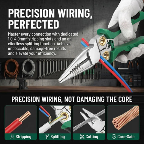 Heavy Duty 8 In 1 Wire Stripper And Voltage Tester With Beast Mode Crimping Pliers And Wire Twister shown in hand, cutting and stripping wires.