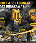 Heavy Duty Cordless Impact Wrench With Brushless Motor, 900 FT LBS Torque, One Half Inch Drive, 20 Volt Platform, Dual Four Ampere Batteries, Grease Monkey Approved For Rigs in use, tightens screws with 1200N.m power.