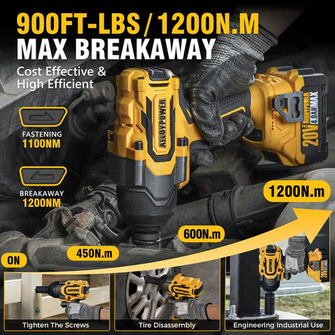 Heavy Duty Cordless Impact Wrench With Brushless Motor, 900 FT LBS Torque, One Half Inch Drive, 20 Volt Platform, Dual Four Ampere Batteries, Grease Monkey Approved For Rigs in use, tightens screws with 1200N.m power.