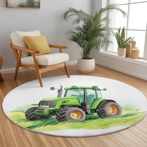 7Ft Round Area Rug For Living Room And Dining Table, Green Farm Tractor Grassland Circle Rug in modern home setting