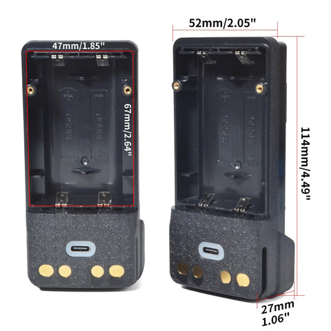 Built Tough 2X18650 Battery Case Compatible With Motorola Two Way Radios Xpr7350 Xpr7550 showing dimensions and design details.