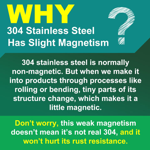 304 Stainless Steel slight magnetism explanation with reassurance of unchanged rust resistance.