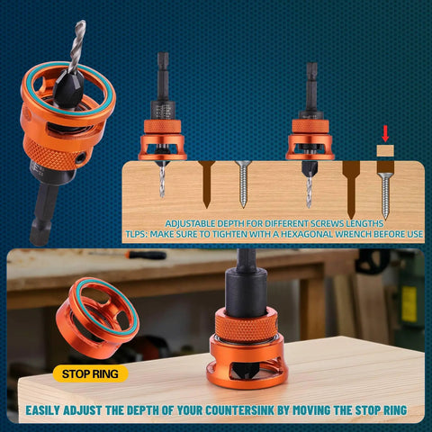 Sweet Shop Essential Countersink Drill Bit Set With Magnetic Bit Holder Adjustable Depth Controls shown with adjustable stop ring.