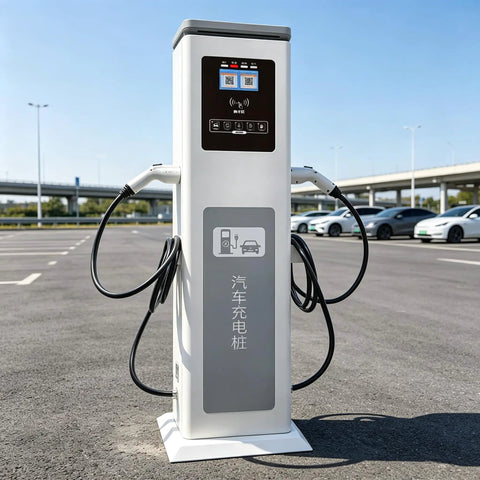 Top Shelf Dual Port EV Charger Commercial Charging Station Built For Fleets And Business Parking Lots To Keep Your Rig Fully Loaded Without Any Hiccup Featuring A No Sweat Dual Connector Design That Runs Smooth As Butter Daily on a parking lot.