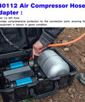 Top Shelf Air Compressor Hose Adapter With Slick Dust Cover And Rock Solid A R B Quick Connect Coupling For Universal On Board Systems, shown being used in a rugged carrying case.