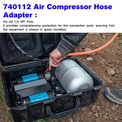 Top Shelf Air Compressor Hose Adapter With Slick Dust Cover And Rock Solid A R B Quick Connect Coupling For Universal On Board Systems, shown being used in a rugged carrying case.