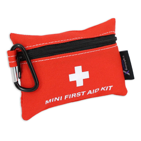Red Lightning X mini first aid kit pouch with white cross, zip top, and attached black carabiner