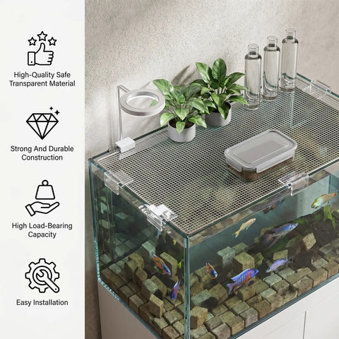 12 Pack Clear Aquarium Lid Clips For Rimless Fish Tanks hold your glass cover snug, installed on a rimless tank with plants.