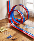 15 Ft Flexible Race Track Set For Kids Ages 3 8 With 2 Small Cars Build Your Own Custom Indoor Outdoor Track Portable Car Ramp Track For Toddlers And Big Kids Totally Fun Birthday Gift featuring red and blue looped tracks on wooden floor