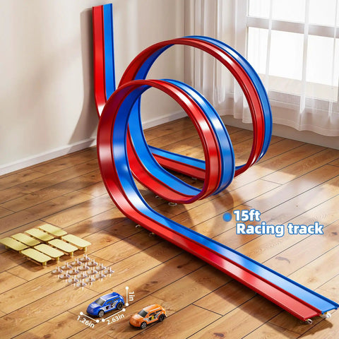 15 Ft Flexible Race Track Set For Kids Ages 3 8 With 2 Small Cars Build Your Own Custom Indoor Outdoor Track Portable Car Ramp Track For Toddlers And Big Kids Totally Fun Birthday Gift featuring red and blue looped tracks on wooden floor