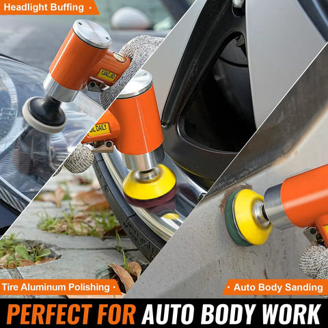 2 Inch Pneumatic Mini Orbital Sander Kit with 2 In 1 Air Right Angle Grinder Polisher for auto body work, tire and headlight polishing.