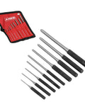 Nine Piece Roll Pin Punch Set Pro Grade With Durable Heat Treated Drop Forged Steel Pins And Nylon Pouch for various repairs.