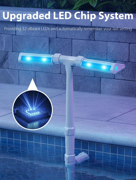Solar Pool Fountain with 10 Color LED Lights and Auto Light Sensor, 360 Degree Dual Spray Waterfall, above ground pool installation