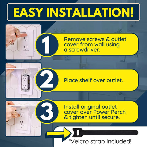 Outlet Shelf With Cord Storage Strap To Declutter Counter Space And No Wall Damage, installation steps illustration