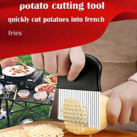 Large crinkle cutter with ergonomic black handle and stainless steel ribbed blade for potatoes and vegetables