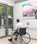 Wireless Swing Door Operator With Square Handicap Push Buttons And Built Tough Stainless Steel Electric Strike For Commercial Entrances, opening towards a wheelchair user.