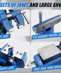Heavy Duty 4 Inch Bench Vise With 360 Degree Swivel Base And Anvil, highlighting V-shaped, pipe, and flat jaws with large anvil