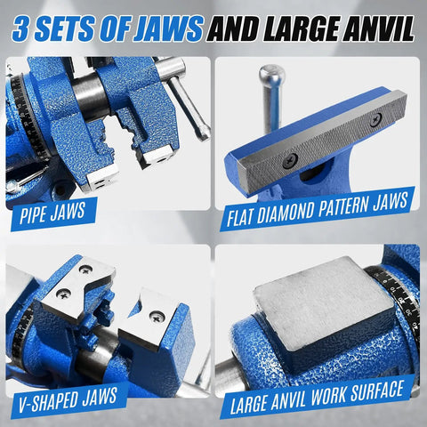 Heavy Duty 4 Inch Bench Vise With 360 Degree Swivel Base And Anvil, highlighting V-shaped, pipe, and flat jaws with large anvil